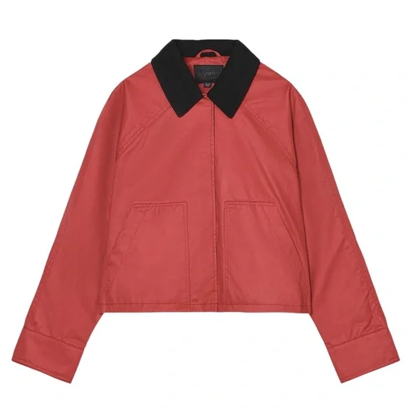 ZARA NWT Waxed Red Barn Jacket With Contrasting Black Collar in Sz XL - Picture 3 of 11